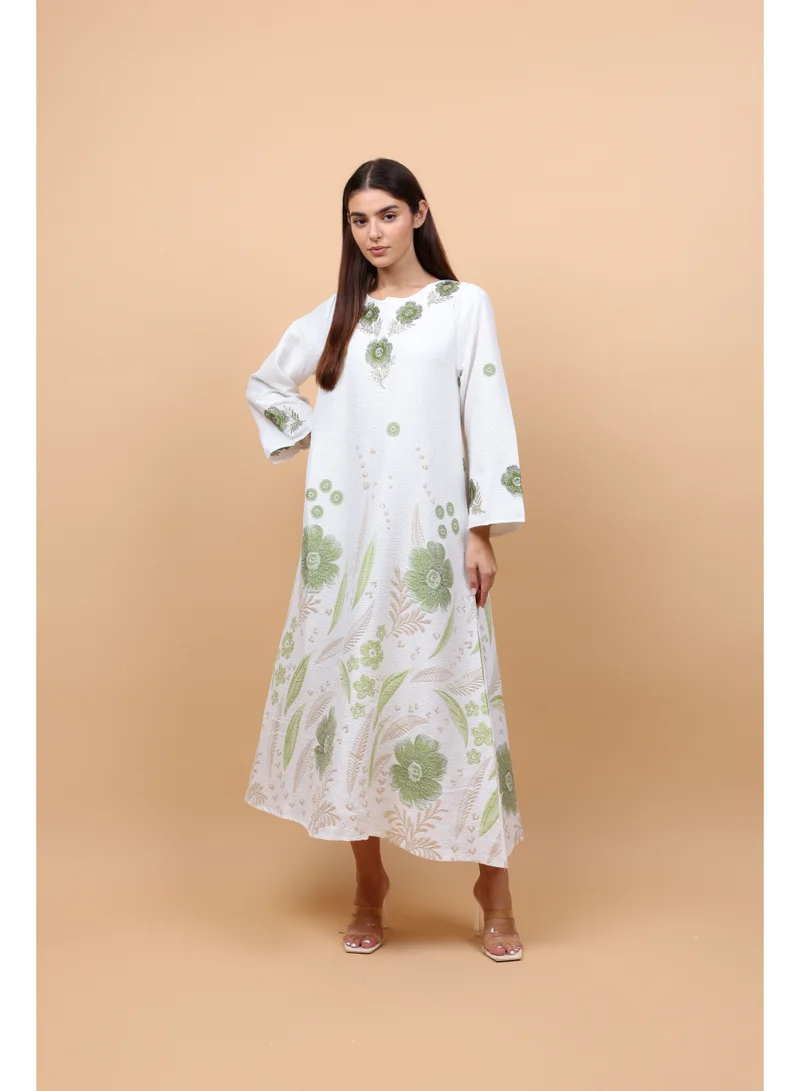IKKXA Floral Details Classic Linen Jalabiya IK6031 Green